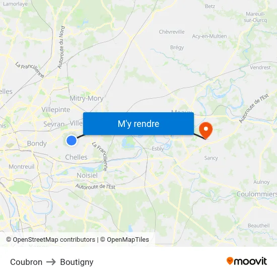 Coubron to Boutigny map