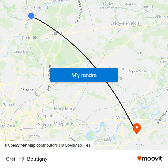 Creil to Boutigny map