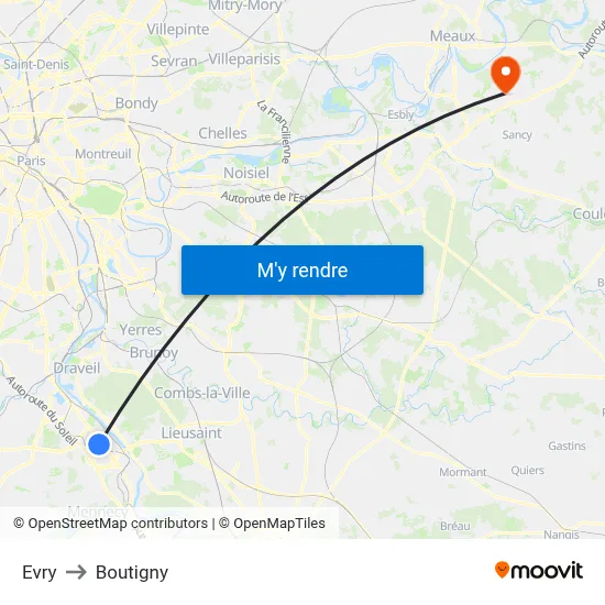Evry to Boutigny map
