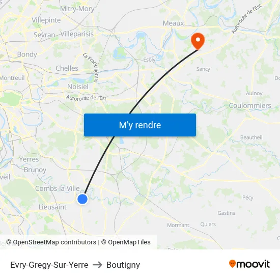 Evry-Gregy-Sur-Yerre to Boutigny map
