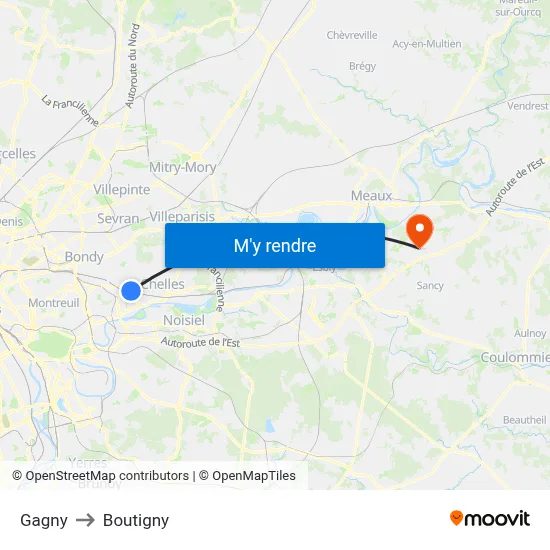 Gagny to Boutigny map