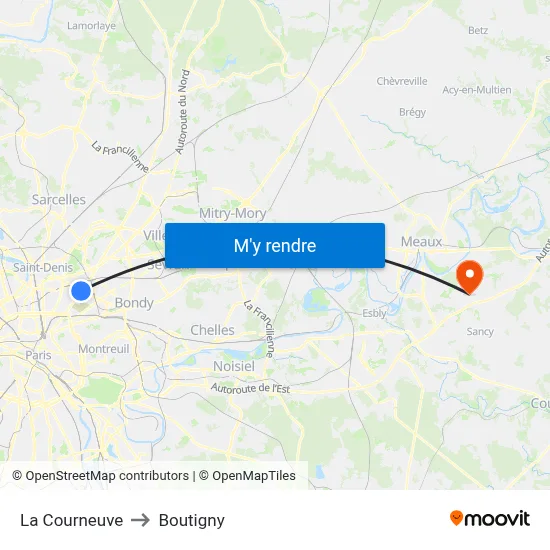 La Courneuve to Boutigny map