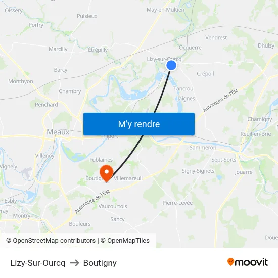 Lizy-Sur-Ourcq to Boutigny map