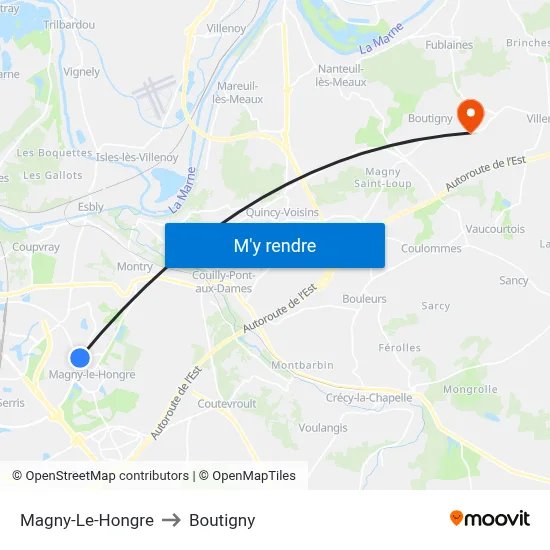 Magny-Le-Hongre to Boutigny map