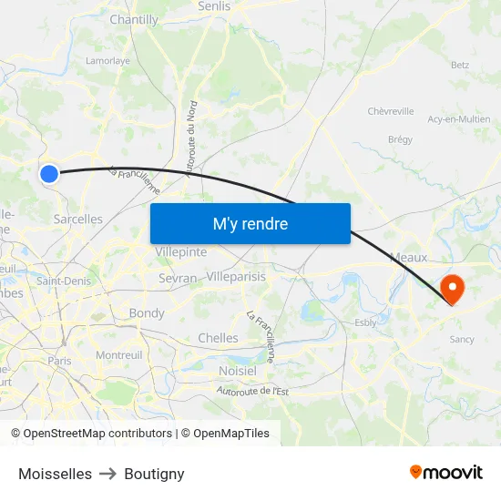 Moisselles to Boutigny map