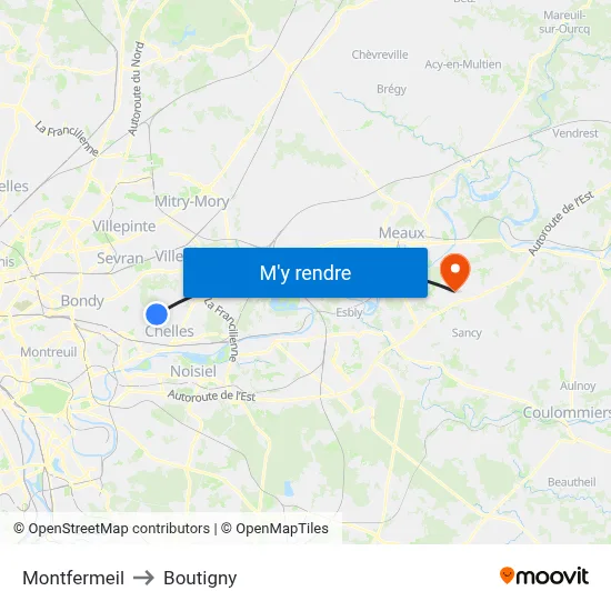 Montfermeil to Boutigny map