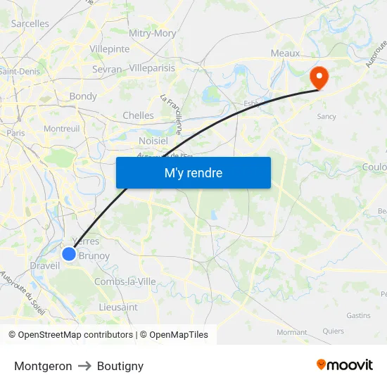 Montgeron to Boutigny map