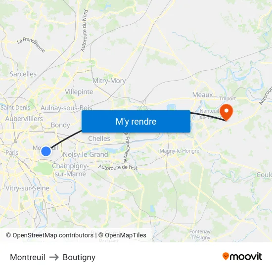 Montreuil to Boutigny map