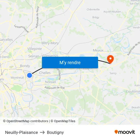 Neuilly-Plaisance to Boutigny map
