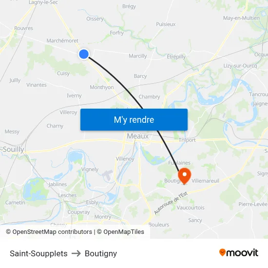 Saint-Soupplets to Boutigny map