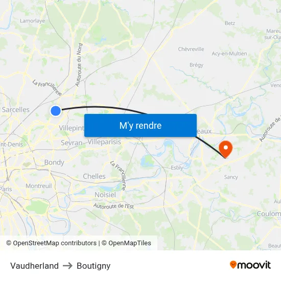 Vaudherland to Boutigny map