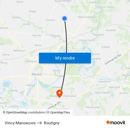 Vincy-Manoeuvre to Boutigny map