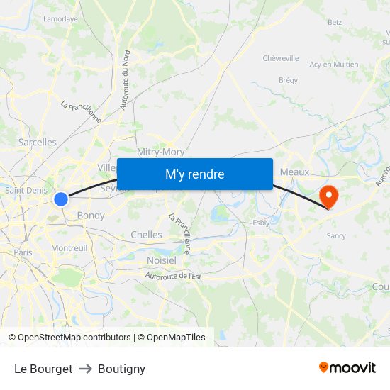 Le Bourget to Boutigny map