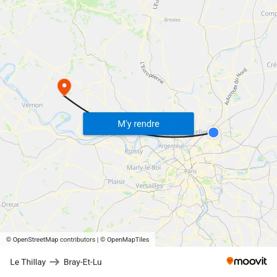 Le Thillay to Bray-Et-Lu map