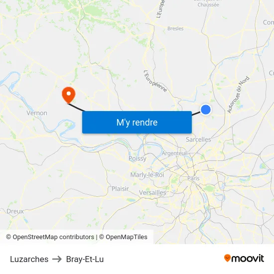 Luzarches to Bray-Et-Lu map