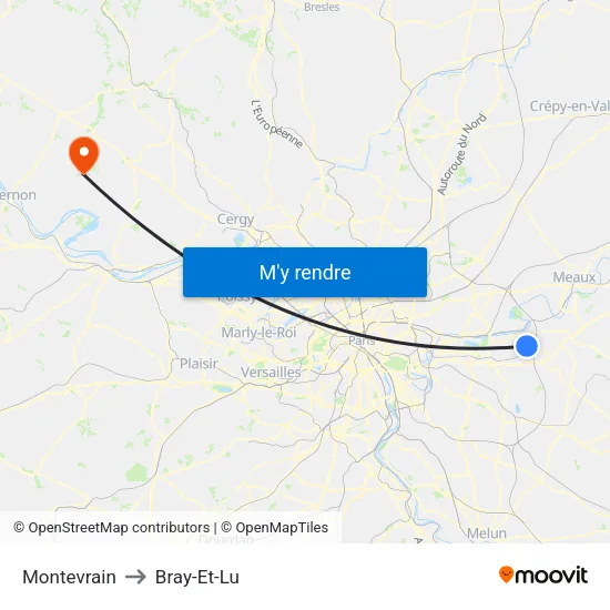 Montevrain to Bray-Et-Lu map