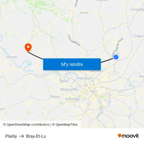 Plailly to Bray-Et-Lu map
