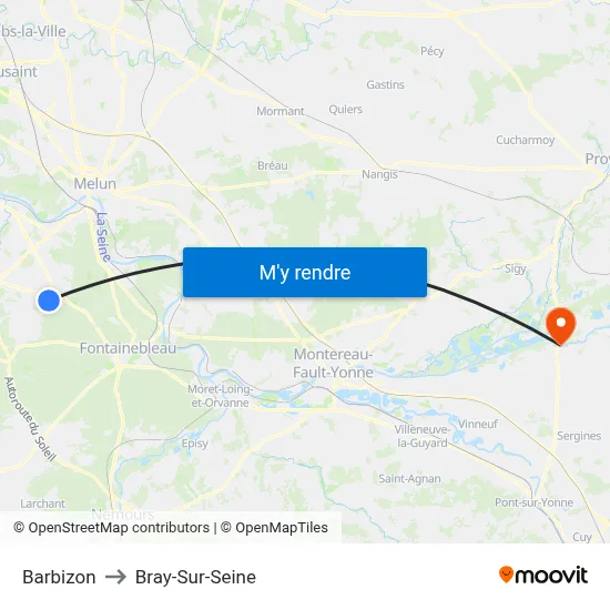 Barbizon to Bray-Sur-Seine map