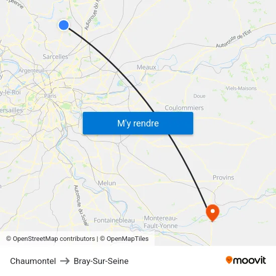 Chaumontel to Bray-Sur-Seine map