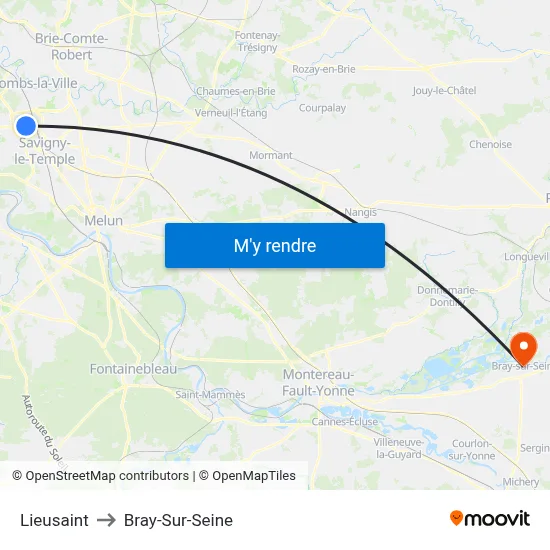 Lieusaint to Bray-Sur-Seine map
