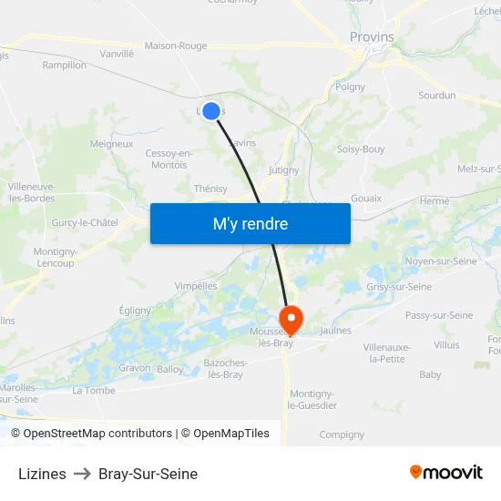 Lizines to Bray-Sur-Seine map