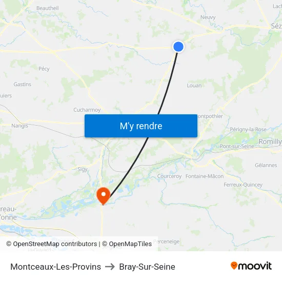 Montceaux-Les-Provins to Bray-Sur-Seine map