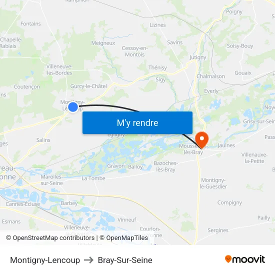Montigny-Lencoup to Bray-Sur-Seine map