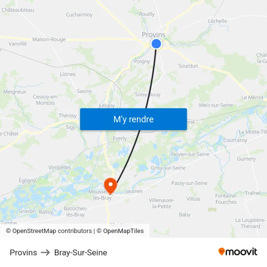Provins to Bray-Sur-Seine map