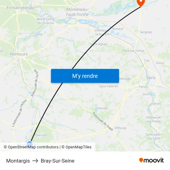 Montargis to Bray-Sur-Seine map