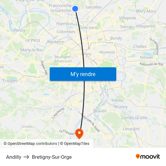Andilly to Bretigny-Sur-Orge map