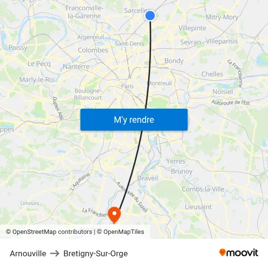 Arnouville to Bretigny-Sur-Orge map