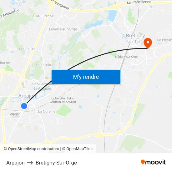 Arpajon to Bretigny-Sur-Orge map