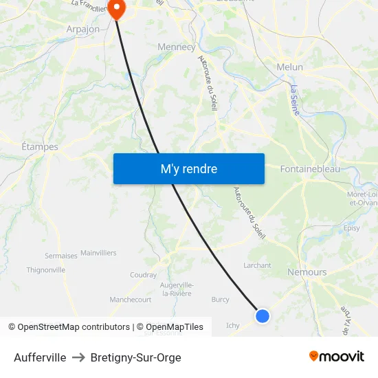Aufferville to Bretigny-Sur-Orge map