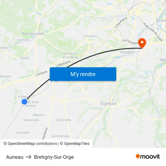 Auneau to Bretigny-Sur-Orge map