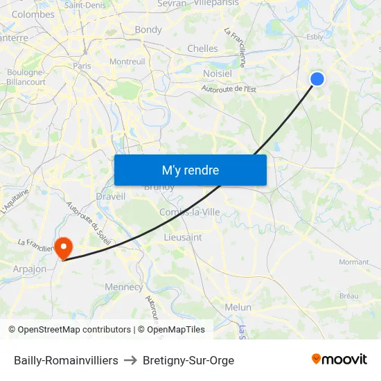 Bailly-Romainvilliers to Bretigny-Sur-Orge map