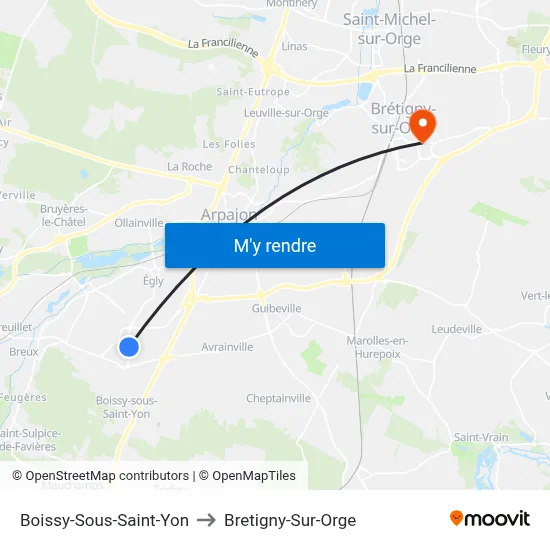 Boissy-Sous-Saint-Yon to Bretigny-Sur-Orge map