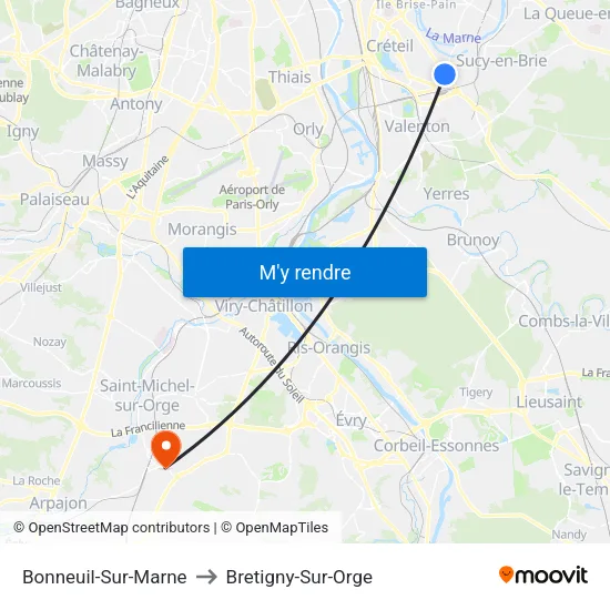 Bonneuil-Sur-Marne to Bretigny-Sur-Orge map