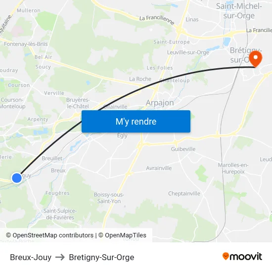 Breux-Jouy to Bretigny-Sur-Orge map