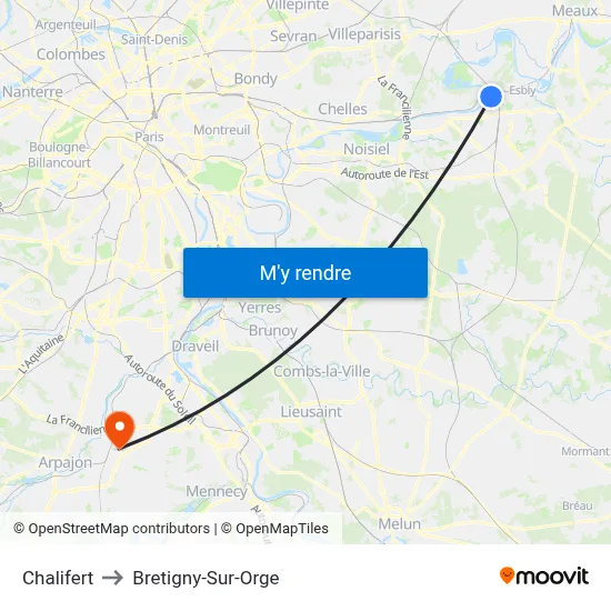 Chalifert to Bretigny-Sur-Orge map