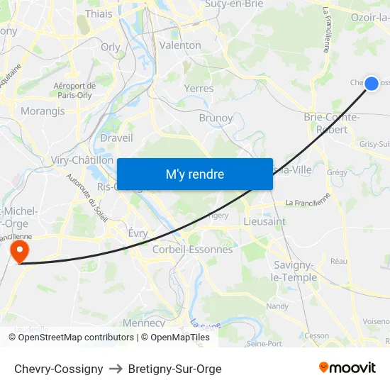 Chevry-Cossigny to Bretigny-Sur-Orge map