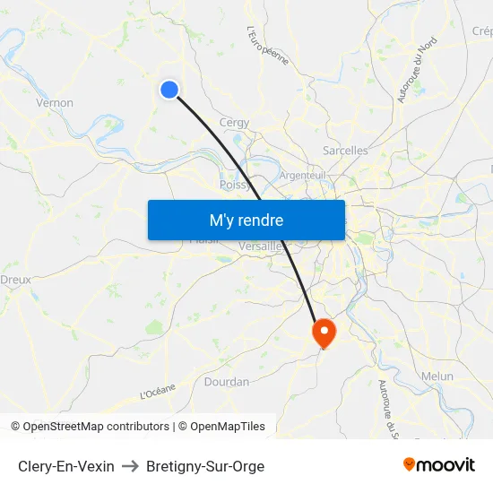 Clery-En-Vexin to Bretigny-Sur-Orge map