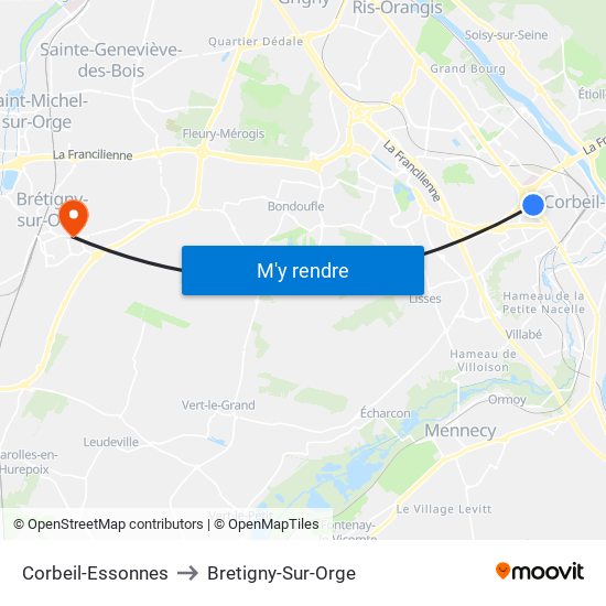 Corbeil-Essonnes to Bretigny-Sur-Orge map