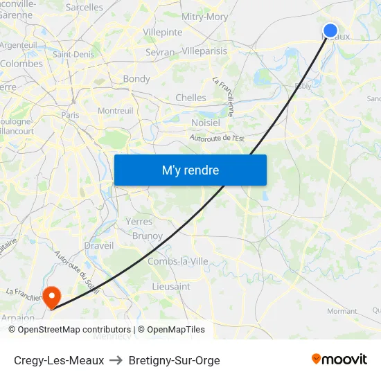 Cregy-Les-Meaux to Bretigny-Sur-Orge map