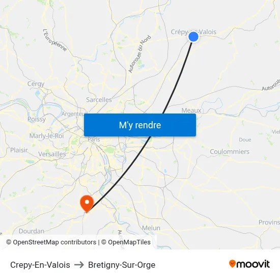 Crepy-En-Valois to Bretigny-Sur-Orge map