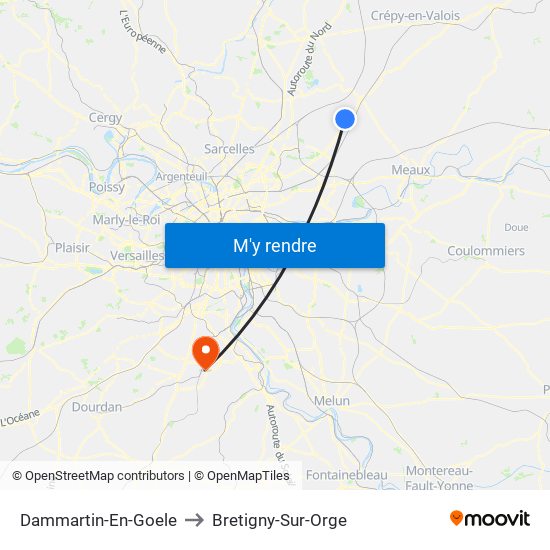 Dammartin-En-Goele to Bretigny-Sur-Orge map