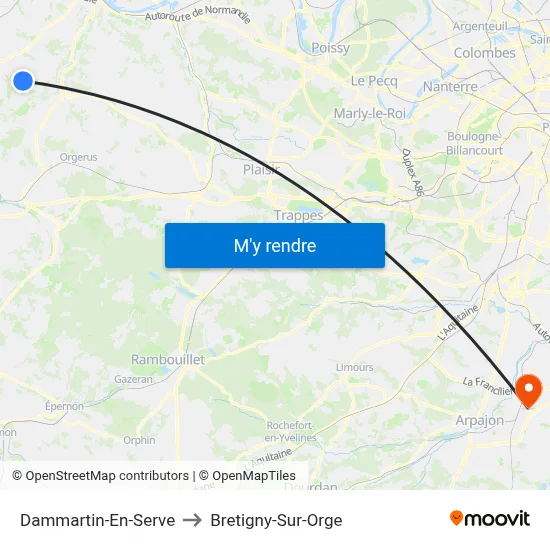 Dammartin-En-Serve to Bretigny-Sur-Orge map