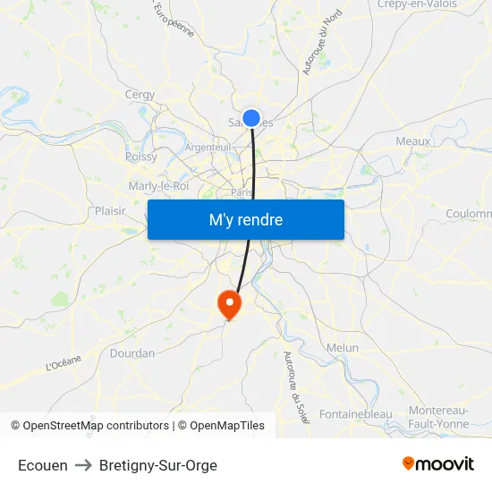 Ecouen to Bretigny-Sur-Orge map