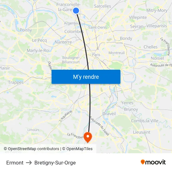Ermont to Bretigny-Sur-Orge map