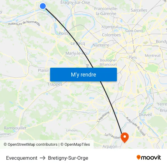 Evecquemont to Bretigny-Sur-Orge map