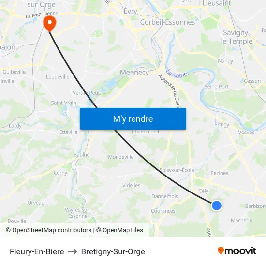 Fleury-En-Biere to Bretigny-Sur-Orge map